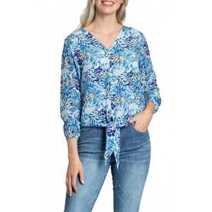 NEW APNY v-neck tie front top in multi blue